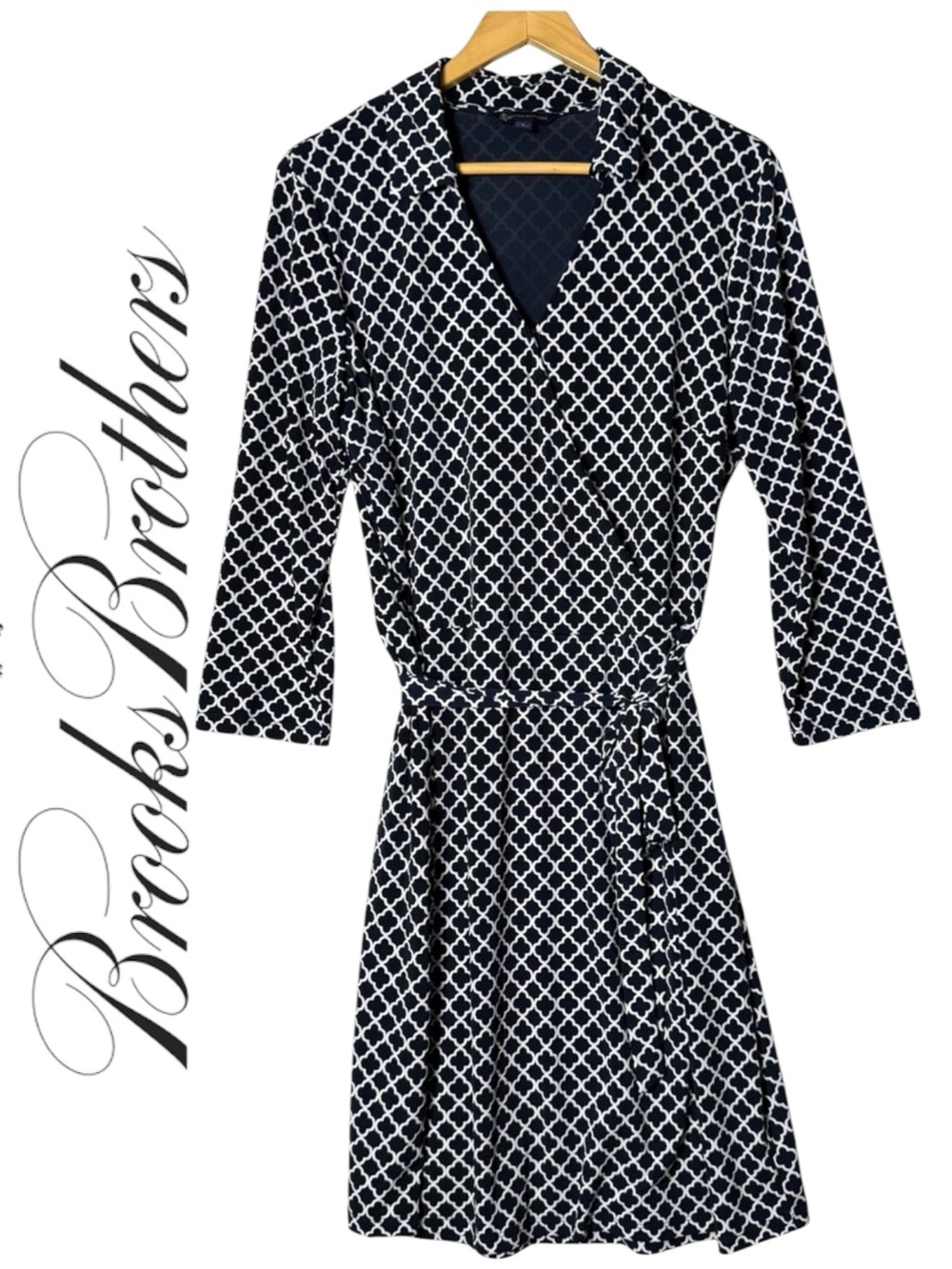 Brooks Brothers Navy White Geometric Wrap Dress 3/4 Sleeve LARGE